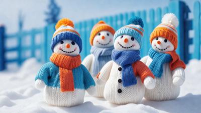 The primary subject of the image is a group of five snowmen standing in a row. They are all wearing hats and scarves, and their smiles and expressions create a cheerful and festive atmosphere. The setting is a snowy landscape, and the visual style is a combination of photo and digital art. The colors are predominantly white and blue, with the snowmen being predominantly white and the hats and scarves being blue.